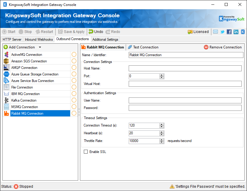 KingswaySoft Integration Gateway Console - Outbound Webhooks - RabbitMQ